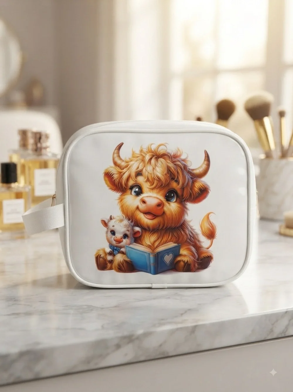 White Kids Cosmetic Bag with Cute Highland Calf Print